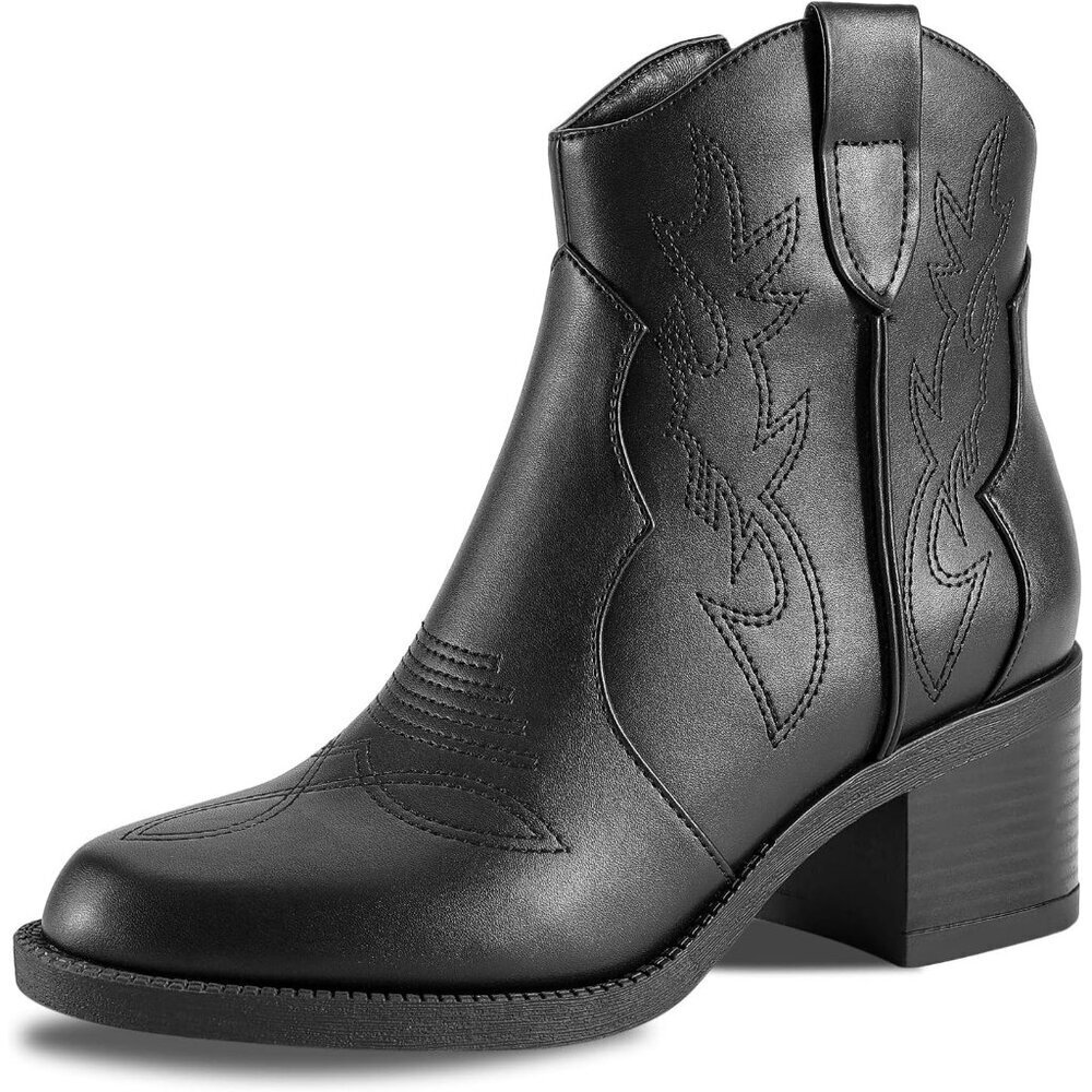 Women's Polyurethane Black Embroidered Round Toe Short Ankle Chunky Heel Boots